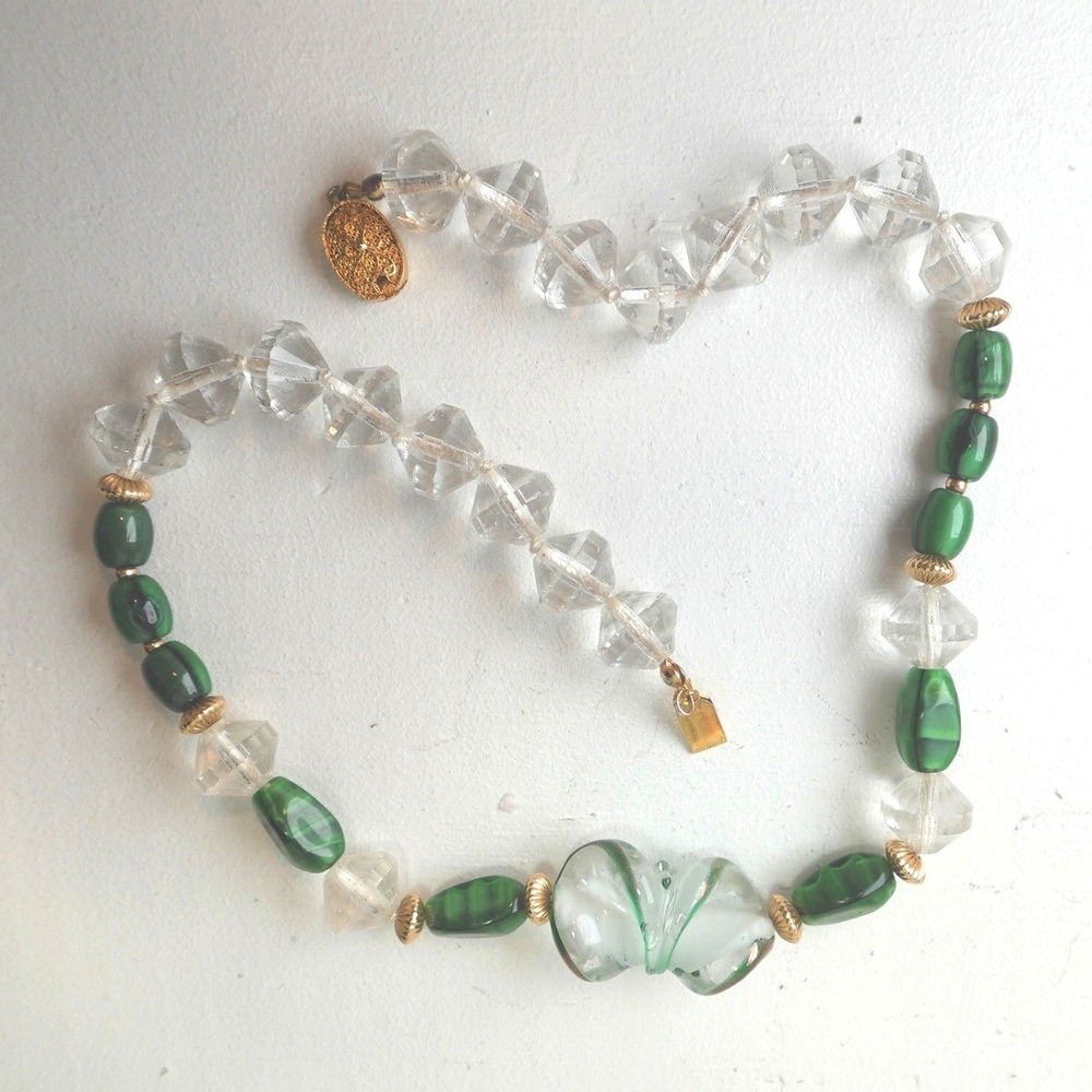 Vintage Beaded Necklace Faceted Clear Crystal & Green Beads Curled Leaf Pendant